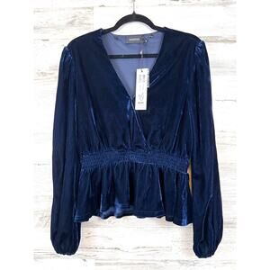 Mink Pink Womens M Blue Velvet Cinch Waist Long Sleeve Blouse NWT Evening